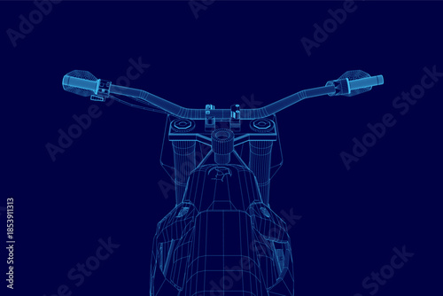 A snowbike motor blueprint on a blue background features a detailed wireframe model with clearly visible handlebars.