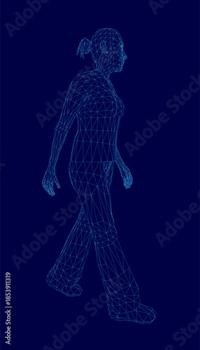 A woman walks confidently in a wireframe style against a solid blue background, showcasing motion and digital artistry.