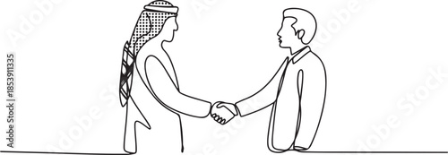 Single continuous line drawing of young muslim business man shake hand his colleague from top view. Arab middle east businessmen with shmagh thawb robe cloth. one line Icon drawing