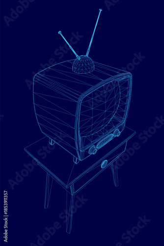 An old fashioned television sits on a table against a blue background. This realistic 3D model features a detailed wireframe view of the retro TV.