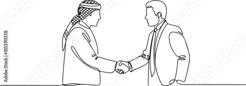 Single continuous line drawing of young muslim business man shake hand his colleague from top view. Arab middle east businessmen with shmagh thawb robe cloth. one line Icon drawing