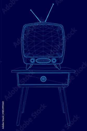 An old fashioned television with a wireframe design sits on a table against a blue background, evoking a classic retro aesthetic.