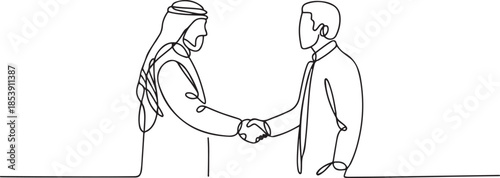 Single continuous line drawing of young muslim business man shake hand his colleague from top view. Arab middle east businessmen with shmagh thawb robe cloth. one line Icon drawing