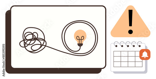 Tangled line leading to a lightbulb representing problem-solving, next to a calendar with a reminder icon and caution sign. Ideal for creativity, planning, deadlines, solutions, innovation