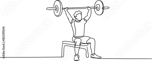 Single continuous line drawing of young sportive man training lift barbell on bench press in sport gymnasium club center. Fitness stretching concept. one line Icon drawing