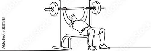 Single continuous line drawing of young sportive man training lift barbell on bench press in sport gymnasium club center. Fitness stretching concept. one line Icon drawing