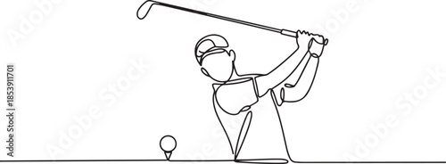 One single line drawing of young sporty golf player hit the ball using golf club graphic vector illustration. Healthy sport concept. one line Icon drawing