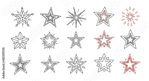 Large assortment of hand-drawn star shapes in black and red ink featuring different patterns, styles, and decorative details.