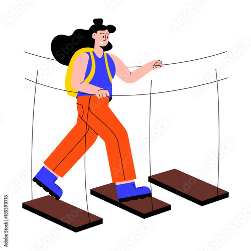 A flat style illustration showing a person crossing bridge