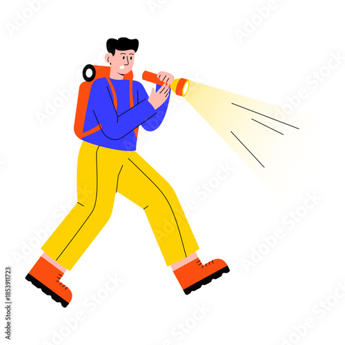 A flat style illustration showing a person holding flashlight