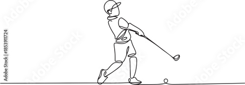 One single line drawing of young sporty golf player hit the ball using golf club graphic vector illustration. Healthy sport concept. one line Icon drawing