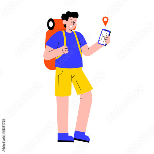 A flat style illustration showing a person using mobile navigation