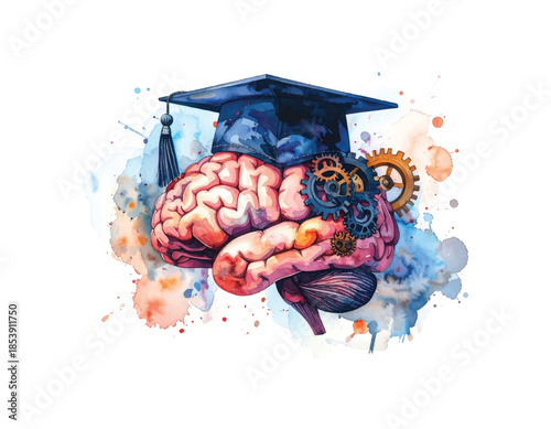 Watercolor brain with graduation cap and gears symbolizing vector illutrastion transparent background
