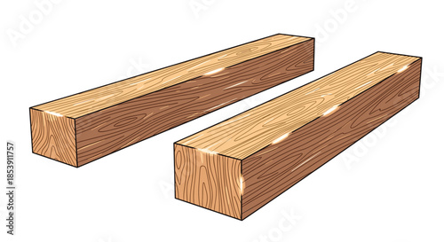 Two rectangular wooden beams with a warm brown color and visible wood grain texture placed parallel on a plain white background.