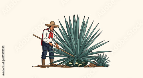 Mexican worker in traditional attire harvesting blue agave plants in a field under a bright sun for the production of tequila drink.