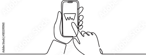 One continuous line drawing of gesture hands holding and touch the screen of smartphone to finish transaction on online shop. Gadget device concept. one line Icon drawing