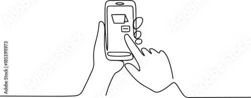 One continuous line drawing of gesture hands holding and touch the screen of smartphone to finish transaction on online shop. Gadget device concept. one line Icon drawing