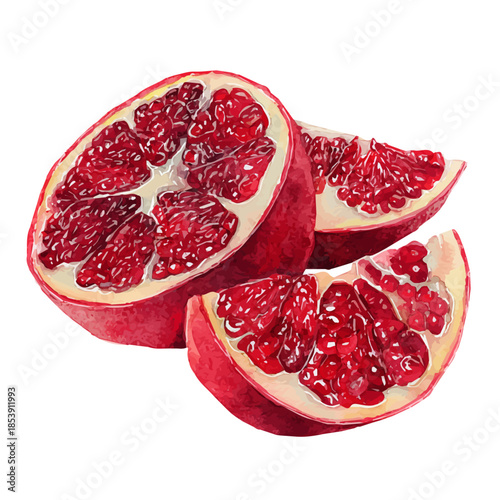 Watercolor illustration of Pomegranate Slices, vector artwork, isolated on white background.