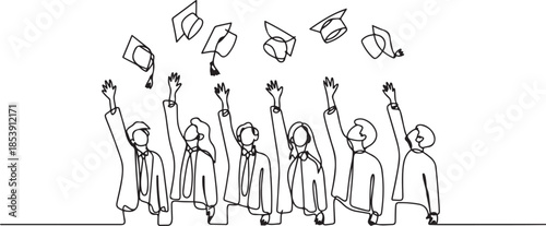 One single line drawing of group of college student throw their cap to the air to celebrate their school graduation. Undergraduate education concept. one line Icon drawing