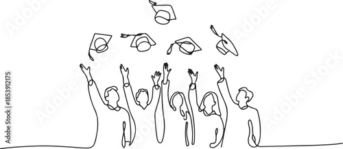One single line drawing of group of college student throw their cap to the air to celebrate their school graduation. Undergraduate education concept. one line Icon drawing