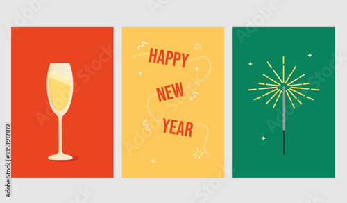 New year card with sparkler,  champagne