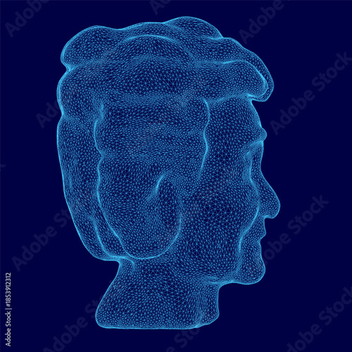 A stylized blue wireframe of a man's head, representing a granny, appears on a dark blue background.