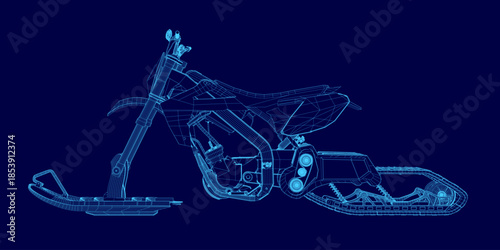Blueprint of a snowmobile or snowbike on a blue background, featuring a detailed wireframe view of its motor and mechanical structure.