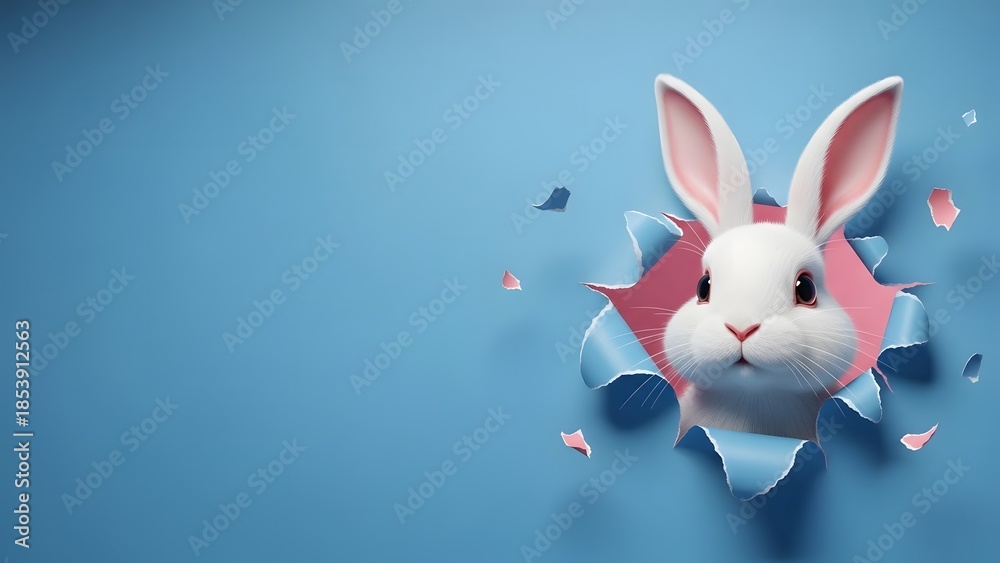 Fototapeta premium Fluffy White Easter Bunny Peeking Through Torn Blue Paper Hole Banner