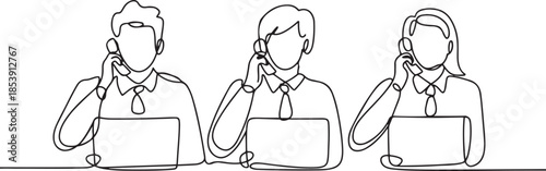 One continuous line drawing group of male and female telemarketing team members calling new customers to offer new product. one line Icon drawing