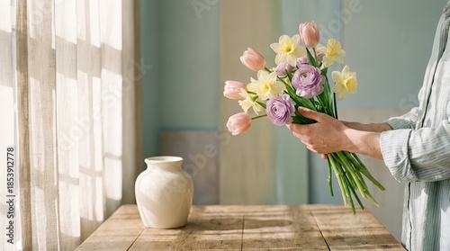 Woman holding a bouquet of flowers near a vase on wooden table  