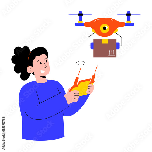 A flat style illustration showing a person controlling drone
