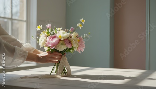 Woman arranging colorful flower bouquet on table indoors  