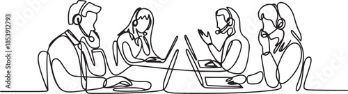One continuous line drawing group of male and female telemarketing team members calling new customers to offer new product. one line Icon drawing