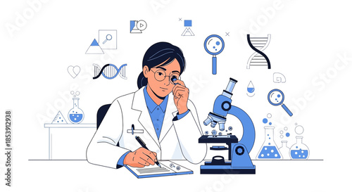 Female scientist examining samples under a microscope, illustration of biomedical research in