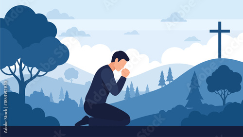 Bathed in serene shades of blue, a man kneels with clasped hands in humble prayer amidst a landscape of rolling hills, while a cross stands tall on a distant peak under a soft, cloudy sky