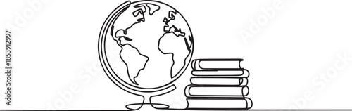 Earth globe beside books stack. Continuous one line drawing minimalist vector illustration design on white background. Simple line modern graphic style. one line Icon drawing