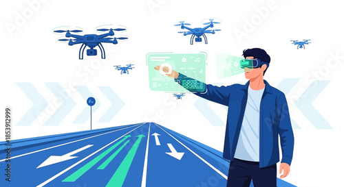 Future drone control with vr headset on blue road showcasing autonomous technology integration