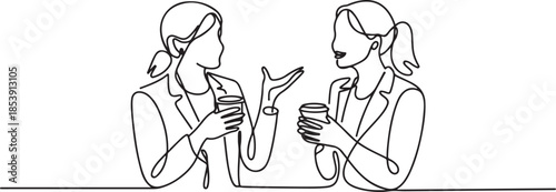 Single continuous line drawing of two young female worker have a casual chat over drink coffee during office break. Having small talk at work concept. one line Icon drawing