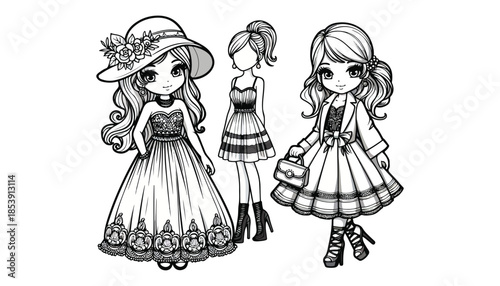Vector illustration of cartoon fashion girls black and white drawing For children to learn to color according to the picture.