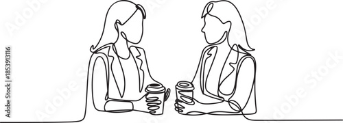 Single continuous line drawing of two young female worker have a casual chat over drink coffee during office break. Having small talk at work concept. one line Icon drawing