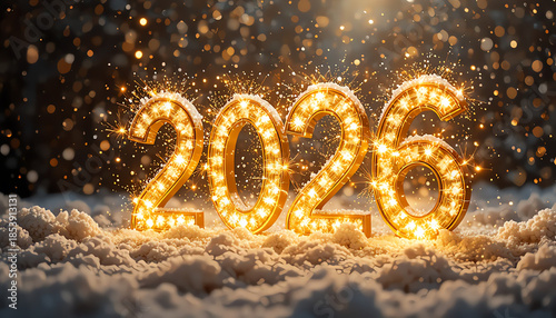 New Year 2026 lighting in snow