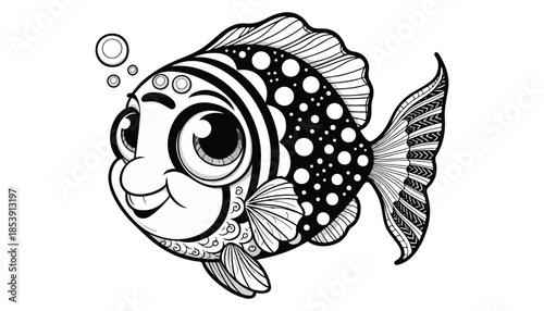 Vector illustration of cartoon fish black and white drawing For children to learn to color according to the picture.