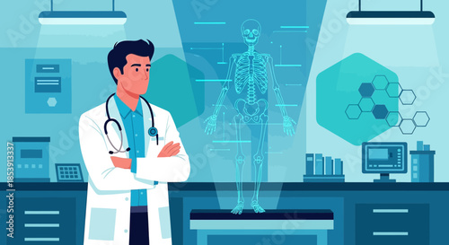 Futuristic healthcare innovation, doctor using virtual reality for diagnosis and anatomy viewing