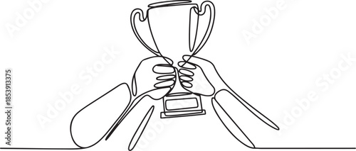 Continuous one line drawing trophy held by many hands. Symbol of winning championships, matches and sports competitions. one line Icon drawing