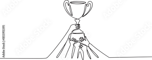 Continuous one line drawing trophy held by many hands. Symbol of winning championships, matches and sports competitions. one line Icon drawing