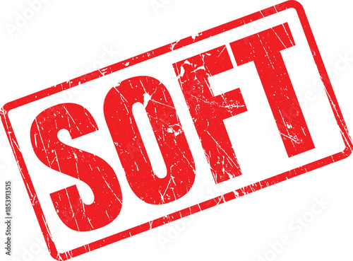A prominent red grunge rubber stamp displays the word SOFT against a clean white backdrop