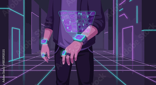 Futuristic navigation concept of a person using hologram maps and wearable technology gadgets in a