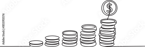 Single continuous line drawing step of coins stacks, money, saving and investment or family planning. Concept for return money saving and investment. one line Icon drawing