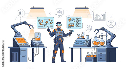 Futuristic researcher conducting experiments with robotic assistance in a modern laboratory