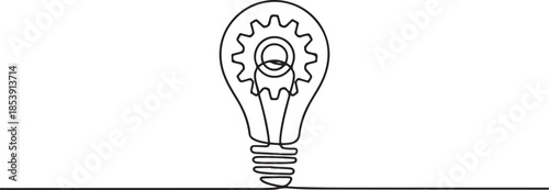 One single line drawing of lightbulb with metal gear wheel inside for machine company logo identity. Creative automotive workshop icon concept. one line Icon drawing